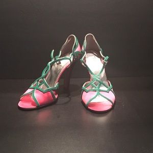 Pink and Green Peep Toe Prada Sandals